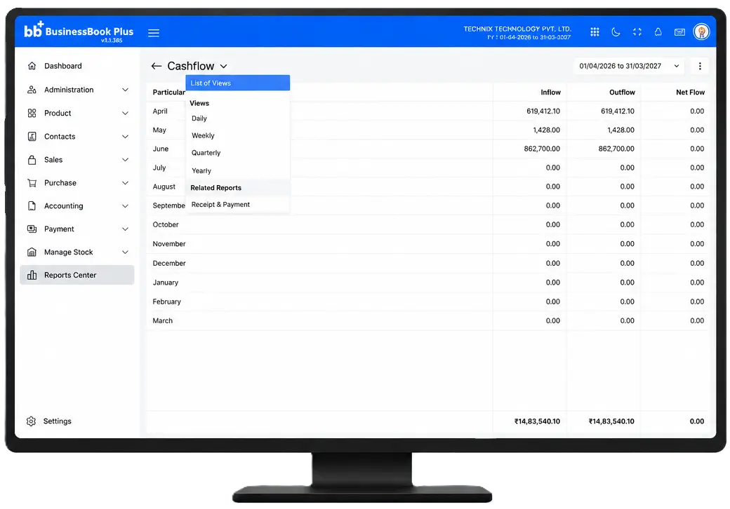 Business cash flow visibility in BusinessBook Plus