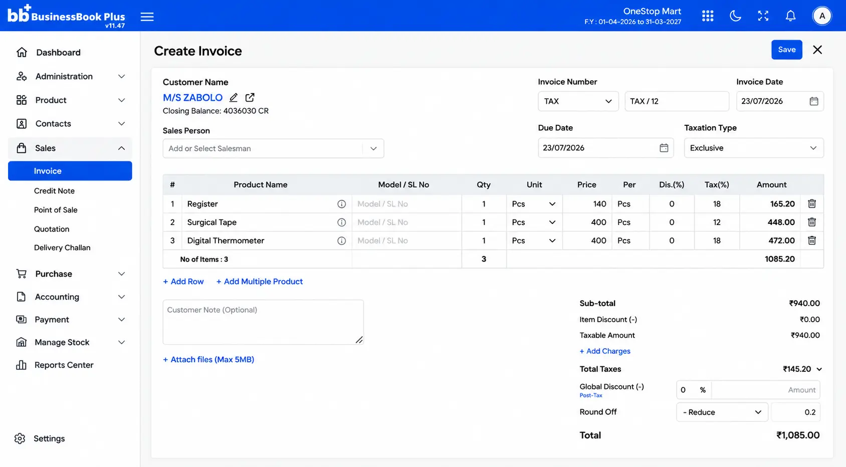 BusinessBook Plus GST billing dashboard