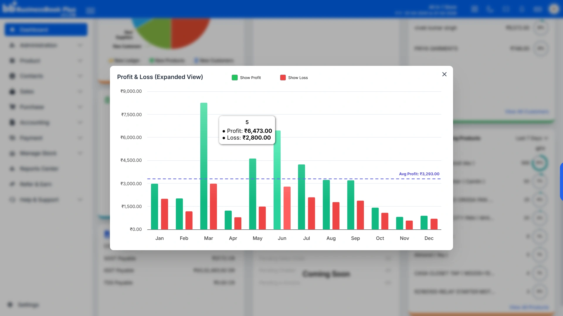 BusinessBook Plus Dashboard showing transaction records and financial charts